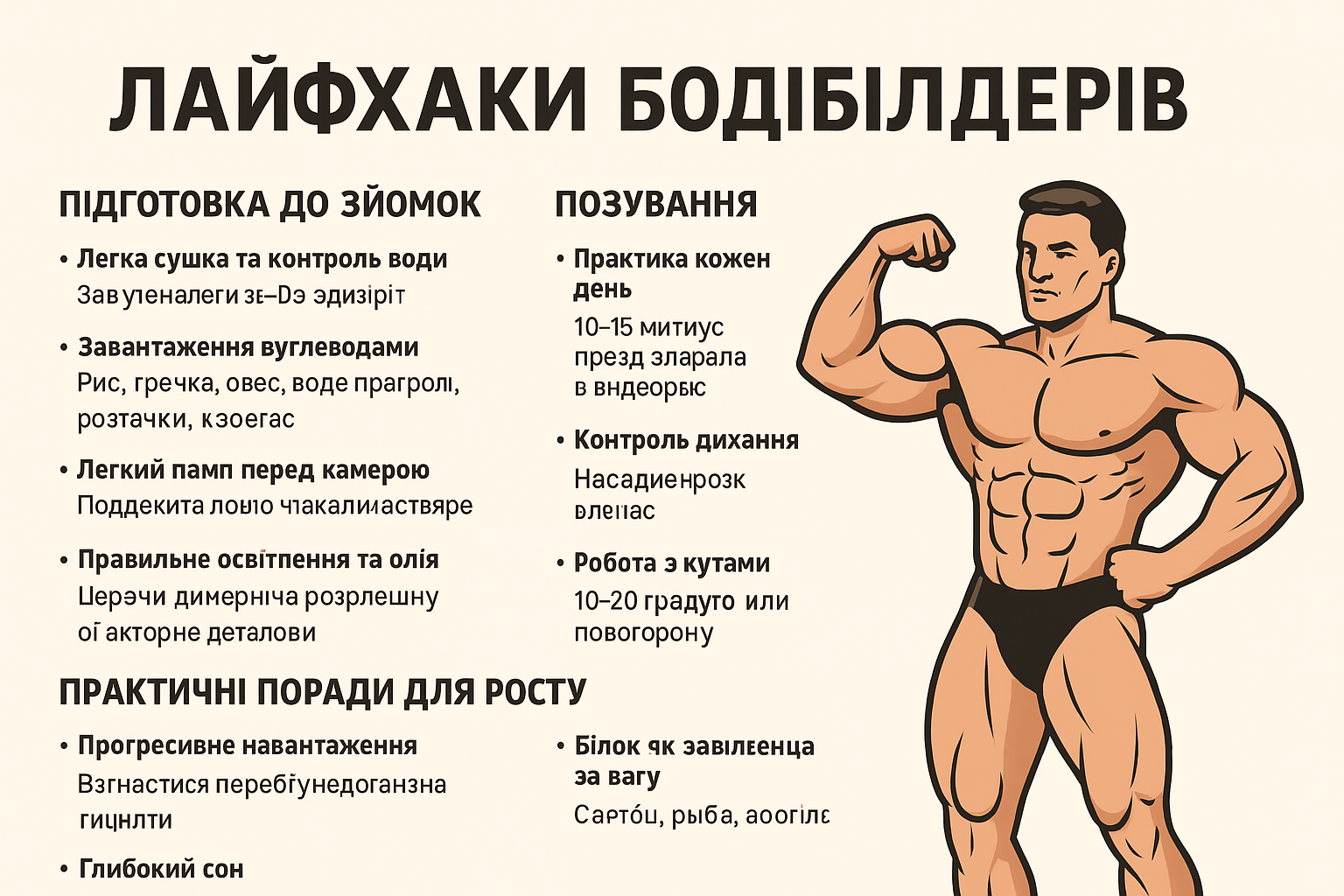 Лайфхаки бодібілдерів: підготовка до зйомок, позування та практичні поради для росту
